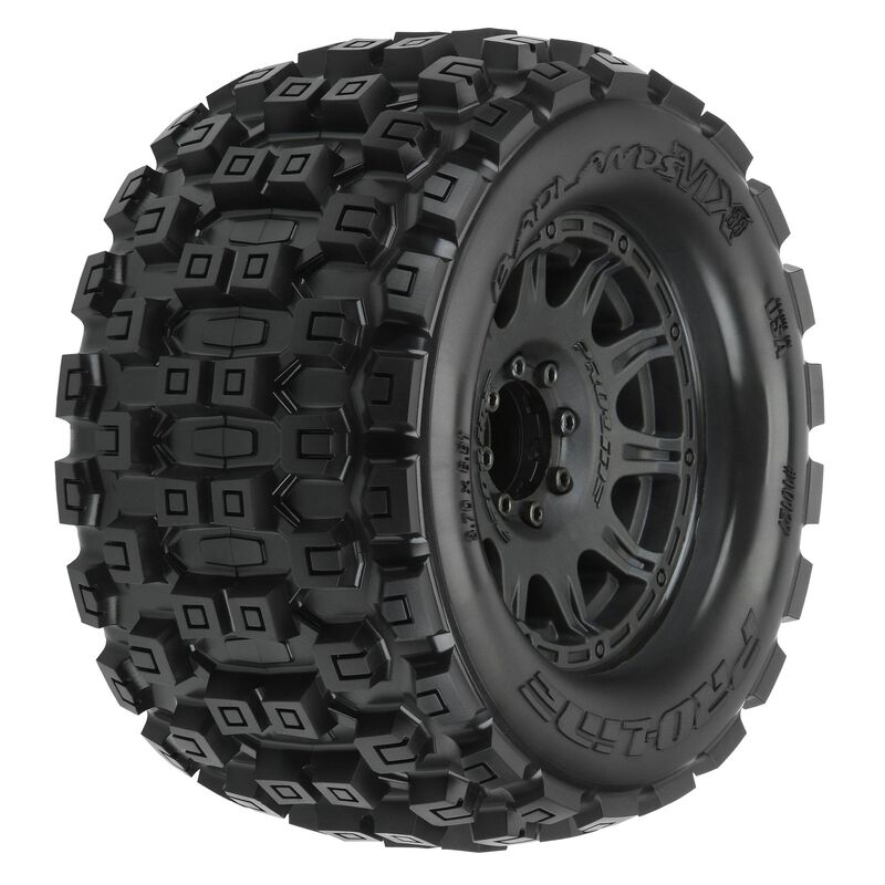 1/8 Badlands MX38 F/R 3.8" MT Tires Mounted 17mm Blk Raid (2)
